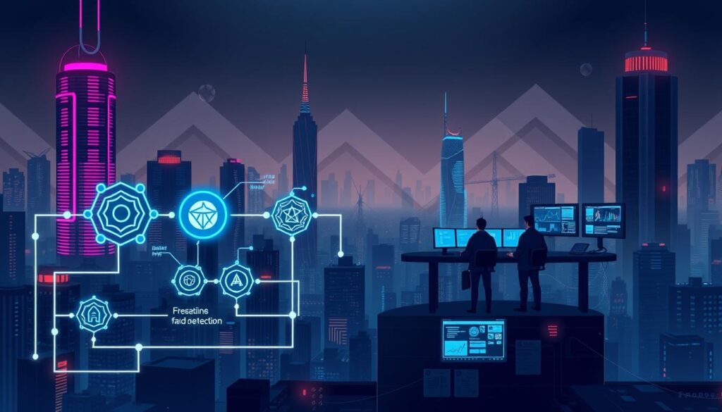 A dark, futuristic cityscape with towering skyscrapers and glowing neon lights. In the foreground, a stylized algorithm diagram depicting the various stages of a machine learning-based fraud detection system. The diagram features interlocking shapes, data flows, and AI icons, all illuminated by a cool, cyberpunk-inspired color palette. In the middle ground, a team of data scientists and cybersecurity experts collaborate at a high-tech command center, surrounded by holographic displays and real-time fraud analytics. The background is hazy, with a sense of depth and atmospheric lighting, creating a dramatic, high-stakes ambiance befitting the task of combating financial fraud.