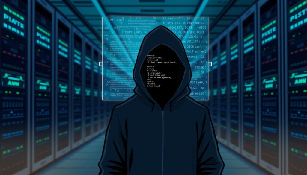 A data center with rows of racks of servers, dimly lit by ambient blue and green lighting. In the foreground, a lone figure in a dark hooded jacket stands, their face obscured, symbolizing the hidden threats to data privacy. The middle ground features a holographic display showing lines of code and encrypted data streams, hinting at the complex challenges of securing sensitive information. The background fades into a blurred cityscape, suggesting the broader societal impact of data privacy concerns. The scene conveys a sense of unease and the need for vigilance in the face of evolving cybersecurity risks.