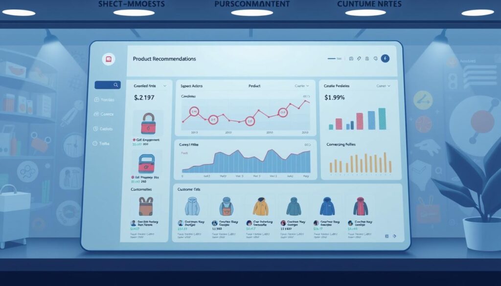 A data visualization dashboard displaying a set of personalized product recommendations. In the foreground, a clean and minimalist interface showcases a grid of product thumbnails, each accompanied by a brief description and price. The middle ground features an interactive chart tracking customer engagement metrics like click-through rates and conversion funnels. The background subtly blends product imagery, customer profiles, and purchasing behavior data, creating a holistic, data-driven ecosystem. The lighting is soft and even, with a cool, technological tone. The camera angle is slightly elevated, giving a bird's-eye view of the dashboard's sophisticated and intuitive design.