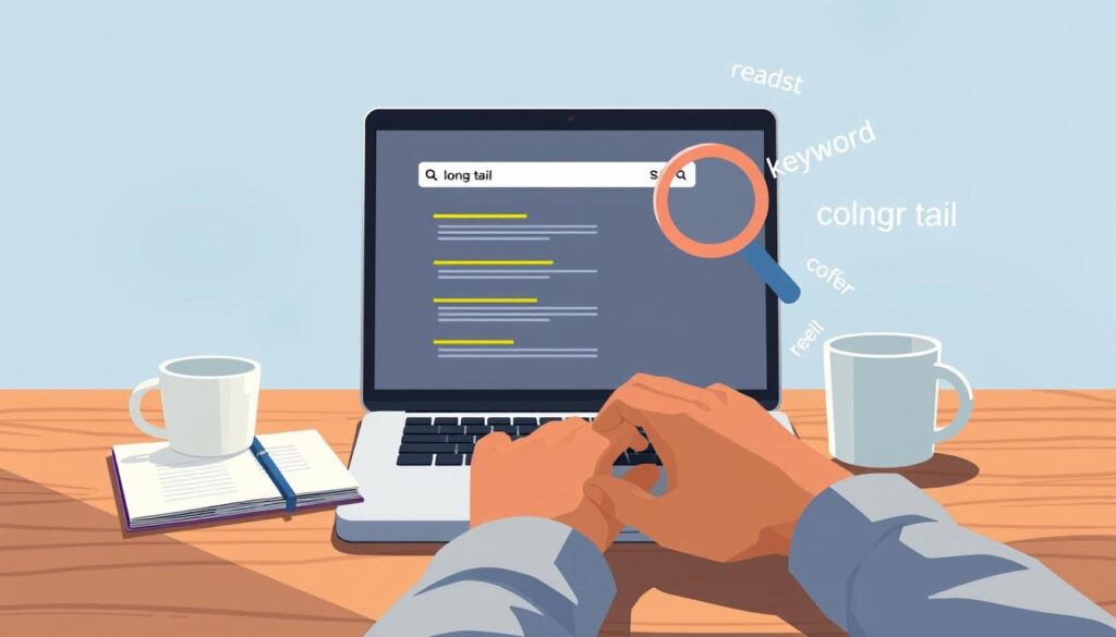 A detailed digital illustration depicting "SEO optimization for long-tail keywords". The image should show a serene, minimalist workspace with a laptop, notepad, and coffee mug on a wooden desk. The laptop screen displays a search engine results page focused on long-tail queries. In the foreground, a person's hands type on the keyboard, while the middle ground features a magnifying glass icon and several keyword phrases floating around the desk. The background should have a soft, blurred gradient in shades of blue, evoking a sense of focus and clarity. The lighting should be natural, with subtle highlights and shadows to create depth and dimension. The overall mood should be one of methodical optimization and strategic content planning.