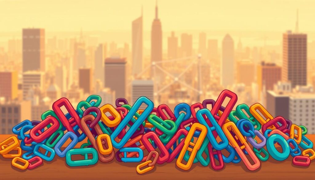 A detailed, high-resolution illustration showcasing a complex backlink profile. In the foreground, a collection of colorful, intertwined hyperlink icons representing diverse website sources, varying in size and prominence to depict the scale and diversity of the backlink landscape. In the middle ground, a network diagram with nodes and lines, visualizing the interconnections and the relative authority of each referring domain. In the background, a subtle, out-of-focus cityscape, hinting at the broad online ecosystem in which this backlink profile exists. Warm, balanced lighting casts a professional, analytical tone, while a slight depth-of-field blur emphasizes the focal point of the backlink data visualization.