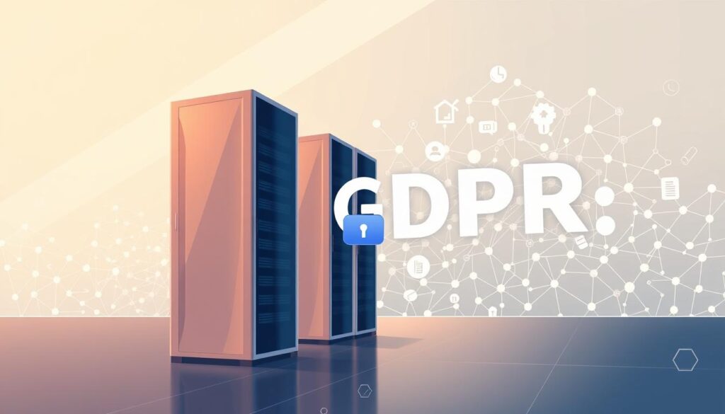 A detailed illustration of GDPR and data protection principles. In the foreground, a sleek, modern data center with clean lines and a minimalist aesthetic, representing secure digital infrastructure. In the middle ground, abstract shapes and icons symbolizing the key tenets of GDPR, such as consent, transparency, and the right to be forgotten. In the background, a complex network of interconnected data flows and digital pathways, highlighting the interconnected nature of modern data ecosystems. Soft, directional lighting casts a warm, authoritative glow, conveying the importance of these regulatory frameworks. The overall composition should evoke a sense of order, control, and responsible data management.