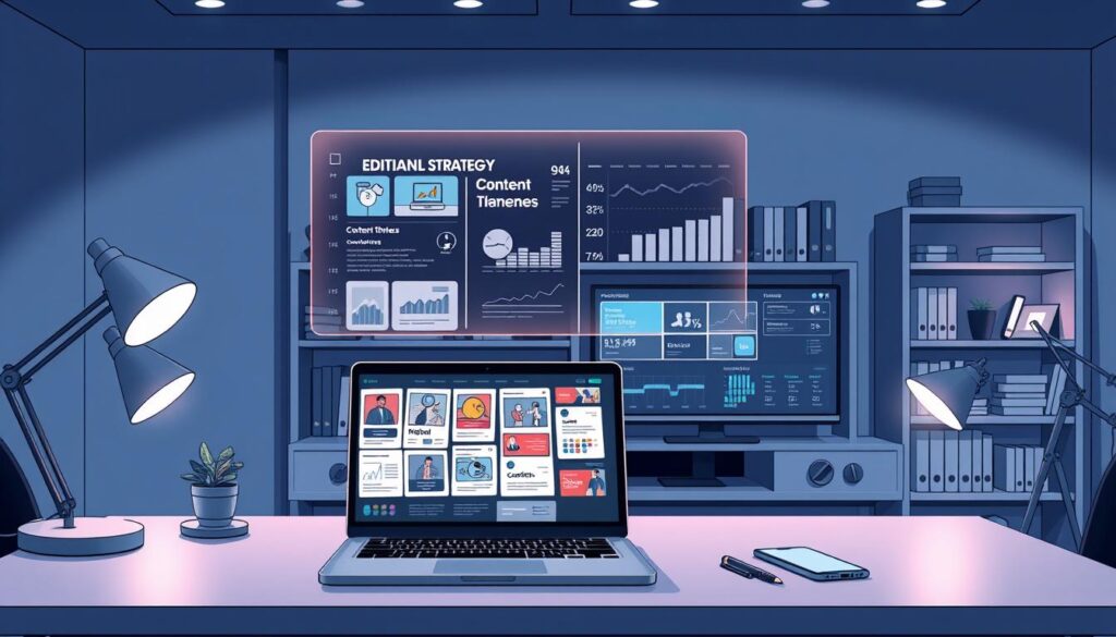 A digital content strategy unfolds across a minimalist workspace. In the foreground, a laptop displays a mood board of visual assets, content themes, and metrics. Overhead, a moody yet vibrant holographic display showcases an editorial calendar, social media plans, and web analytics. In the background, shelves hold reference books, marketing collateral, and a sleek monitor displaying a dashboard of content performance. The lighting is a cool-toned, high-contrast blend of desk lamps and ambient ceiling lights, casting dramatic shadows. The overall scene conveys a sense of focused creativity, analytical rigor, and strategic vision.