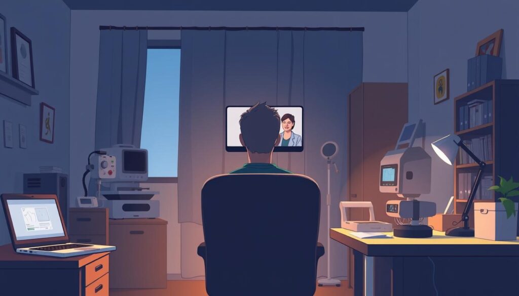A dimly lit home office, a laptop and various medical devices arranged on a desk. In the foreground, a person sits in a chair, their face obscured by a webcam as they engage in a remote video consultation. The room is bathed in a soft, warm glow, creating an atmosphere of comfort and security. In the background, medical equipment and reference materials subtly indicate the healthcare context. The scene conveys the challenges of remote diagnosis, where the physical distance between patient and provider must be overcome through technology, while preserving the personal connection and attention to detail required for effective healthcare.