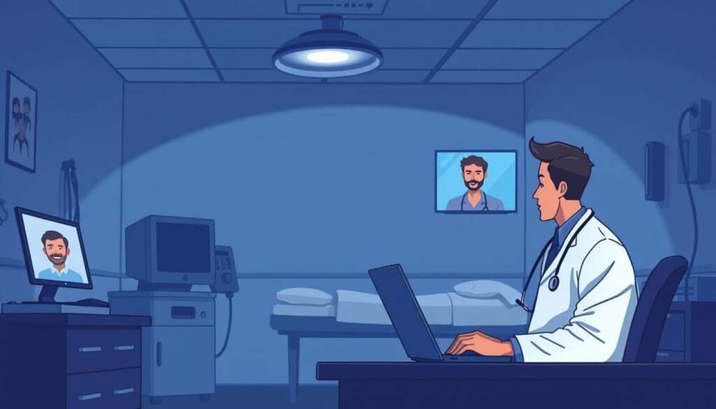 A dimly lit hospital room, with a doctor in the foreground sitting at a desk, intently focused on a virtual consultation on their laptop screen. In the background, a patient is visible on a video call, their face occupying a prominent position on the laptop display. Soft, indirect lighting casts a calming glow over the scene, highlighting the medical equipment and furnishings that suggest a professional, clinical setting. The overall atmosphere conveys a sense of privacy, security, and personalized care, reflecting the nuances of telehealth virtual medication management.