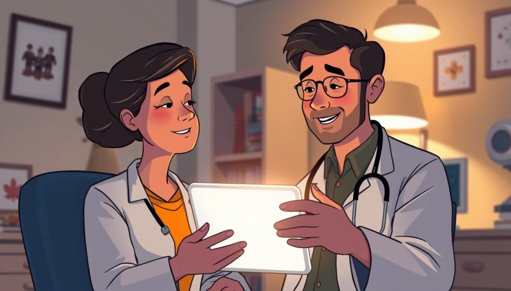 A dimly lit medical office, soft lighting casting a warm glow. In the foreground, a doctor and patient engaged in a virtual consultation, their faces illuminated by the glow of a tablet screen. The doctor's expression is one of compassion and focus, while the patient appears relieved and engaged. In the background, a bookshelf and medical equipment subtly hint at the professional setting. The scene conveys a sense of privacy, trust, and the personalized care enabled by telemedicine for chronic pain management.