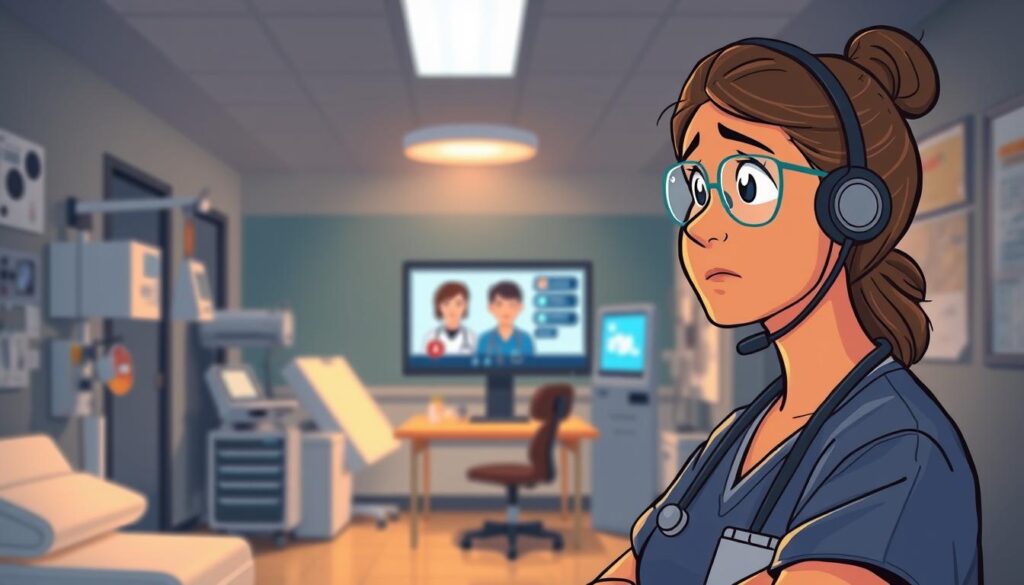 A dimly lit medical office, the foreground dominated by a nurse wearing scrubs, headset, and a concerned expression as they triage a patient on a video call. The middle ground features hospital equipment, a desk, and a computer screen displaying telehealth software. The background is blurred, hinting at the larger healthcare facility. Warm lighting casts a calming glow, though the atmosphere reflects the challenges of remote triage - limited nonverbal cues, technological barriers, and the need for quick, accurate assessments. The composition emphasizes the nurse's vital role in guiding patients through this evolving telehealth landscape.