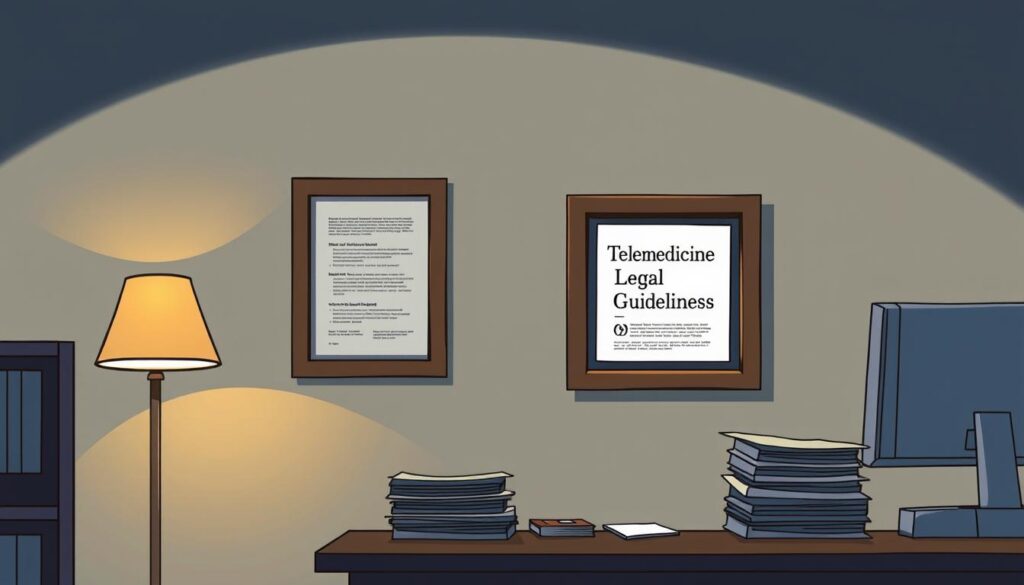A dimly lit office setting, with a desktop computer and a stack of documents on the desk. Hanging on the wall is a framed legal document titled "Telemedicine Legal Guidelines", illuminated by a soft, warm light from a floor lamp in the corner. The scene conveys a sense of professionalism and attention to detail, with the legal guidelines serving as the focal point, suggesting the importance of understanding and adhering to the regulations governing telemedicine practices. A dimly lit office setting, with a desktop computer and a stack of documents on the desk. Hanging on the wall is a framed legal document titled "Telemedicine Legal Guidelines", illuminated by a soft, warm light from a floor lamp in the corner. The scene conveys a sense of professionalism and attention to detail, with the legal guidelines serving as the focal point, suggesting the importance of understanding and adhering to the regulations governing telemedicine practices.