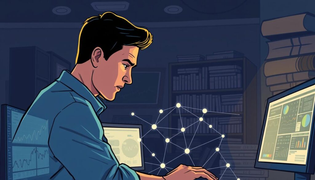 A dimly lit office space, the glow of computer screens casting a soft light across the room. In the foreground, a data analyst pores over a series of complex charts and graphs, brows furrowed in concentration as they monitor a compliance dashboard. The middle ground features a network of interconnected nodes and lines, representing the intricate web of regulations and policies that the AI system must navigate. In the background, a towering bookshelf filled with thick volumes on corporate governance and legal compliance, hinting at the depth of knowledge required to effectively implement this technology. The atmosphere is one of focus and intensity, as the AI system works tirelessly to ensure that the organization remains in full compliance with all relevant regulations.