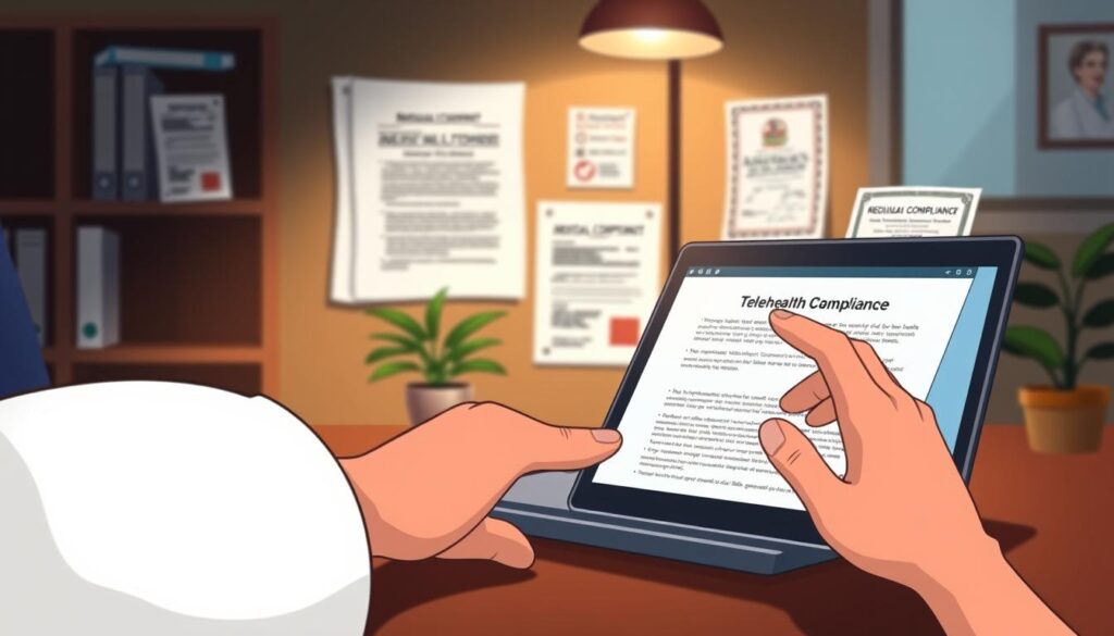 A dimly lit office with a laptop displaying regulatory documents, legal papers, and digital certificates. In the foreground, a doctor's hand hovers over a tablet, navigating telehealth compliance guidelines. The middle ground features a bookshelf with medical textbooks and a potted plant, conveying an atmosphere of professional expertise. The background is softly blurred, creating a sense of focus on the regulatory task at hand. Warm, muted lighting casts subtle shadows, emphasizing the seriousness and importance of telehealth compliance.