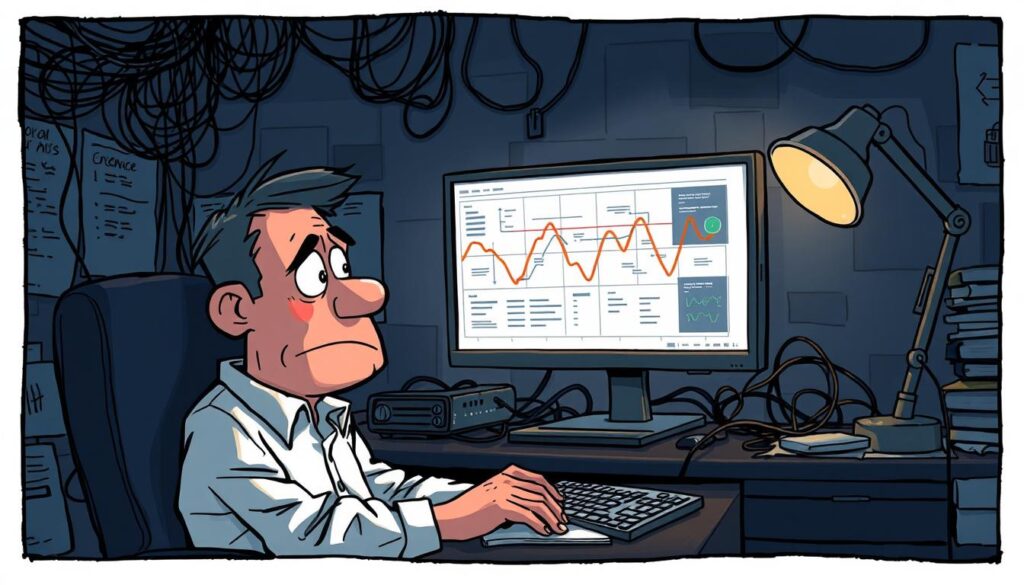 A dimly lit office workspace with an overworked analyst struggling to make sense of a complex data visualization on a computer screen. The analyst's expression conveys a mix of frustration and determination as they navigate the challenges of sentiment analysis - the task of extracting and interpreting subjective information from unstructured text. In the background, a maze of tangled wires and a cluttered desk symbolize the technical complexities involved. The lighting is moody, with a warm glow from a desk lamp casting shadows across the scene, creating an atmosphere of intensity and focus.