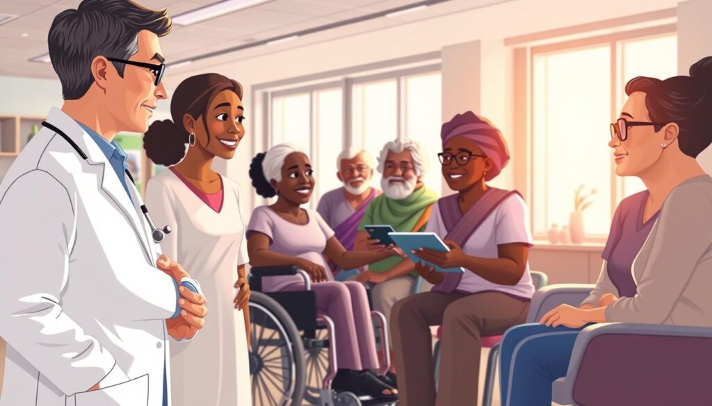 A diverse group of people of all ages, races, and abilities are engaged in a friendly discussion, their faces illuminated by warm, natural lighting. In the foreground, a healthcare professional in a white lab coat is listening intently, creating an atmosphere of trust and open communication. The middle ground features a mix of patients, including a person in a wheelchair, an elderly individual, and a person wearing traditional cultural dress, all collaborating on a shared digital display. The background depicts a modern, inviting healthcare facility with large windows, soothing colors, and ergonomic furniture, conveying a sense of comfort and accessibility. The overall scene emphasizes the importance of inclusivity, empathy, and technology-enabled patient-centered care.