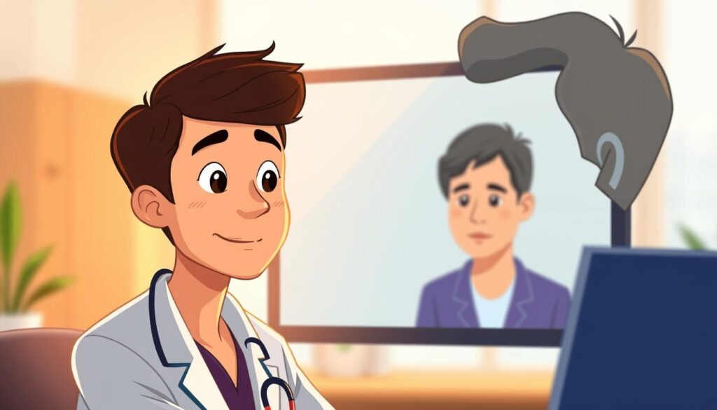 A doctor in a virtual consultation with a patient, the scene softly lit by a warm, natural glow. The foreground features the doctor's face and upper body, with a professional yet empathetic expression. The middle ground shows the patient's face and shoulders, conveying a thoughtful, engaged demeanor. The background is blurred, suggesting a minimalist, modern office setting. The atmosphere is one of quiet intimacy, underscoring the challenges of virtual primary care - the need to build rapport and trust without the benefit of in-person interaction.