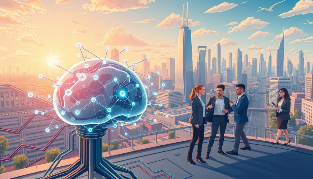 A dynamic and vibrant business landscape, where the power of machine learning propels company growth. In the foreground, a sleek and futuristic AI neural network, its intricate layers pulsing with energy, symbolizing the sophisticated algorithms that drive decision-making. In the middle ground, a diverse team of professionals, each with a unique role, collaborating seamlessly to harness the insights generated by the machine learning system. The background is a cityscape, with towering skyscrapers and bustling streets, reflecting the larger economic ecosystem in which these innovations thrive. The scene is bathed in a warm, golden light, conveying a sense of optimism and progress. The overall mood is one of innovation, teamwork, and the transformative potential of artificial intelligence in the business world. A dynamic and vibrant business landscape, where the power of machine learning propels company growth. In the foreground, a sleek and futuristic AI neural network, its intricate layers pulsing with energy, symbolizing the sophisticated algorithms that drive decision-making. In the middle ground, a diverse team of professionals, each with a unique role, collaborating seamlessly to harness the insights generated by the machine learning system. The background is a cityscape, with towering skyscrapers and bustling streets, reflecting the larger economic ecosystem in which these innovations thrive. The scene is bathed in a warm, golden light, conveying a sense of optimism and progress. The overall mood is one of innovation, teamwork, and the transformative potential of artificial intelligence in the business world.