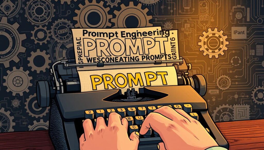 A finely-crafted illustration of "Prompt Engineering" against a backdrop of gears, cogs, and technical schematics. In the foreground, a hand carefully types on a vintage typewriter, the keys arranged to spell out "PROMPT" in bold, dynamic letters. The scene is illuminated by a warm, golden light, casting a cozy, intellectual atmosphere. The middle ground features a collage of words, symbols, and abstract shapes, hinting at the complex interplay of language, technology, and creative vision that defines prompt engineering. In the background, a shadowy network of interconnected circuits and data streams suggests the underlying computational power that drives this cutting-edge field. The overall composition conveys the precision, creativity, and technical mastery required to craft effective, generative prompts. A finely-crafted illustration of "Prompt Engineering" against a backdrop of gears, cogs, and technical schematics. In the foreground, a hand carefully types on a vintage typewriter, the keys arranged to spell out "PROMPT" in bold, dynamic letters. The scene is illuminated by a warm, golden light, casting a cozy, intellectual atmosphere. The middle ground features a collage of words, symbols, and abstract shapes, hinting at the complex interplay of language, technology, and creative vision that defines prompt engineering. In the background, a shadowy network of interconnected circuits and data streams suggests the underlying computational power that drives this cutting-edge field. The overall composition conveys the precision, creativity, and technical mastery required to craft effective, generative prompts.