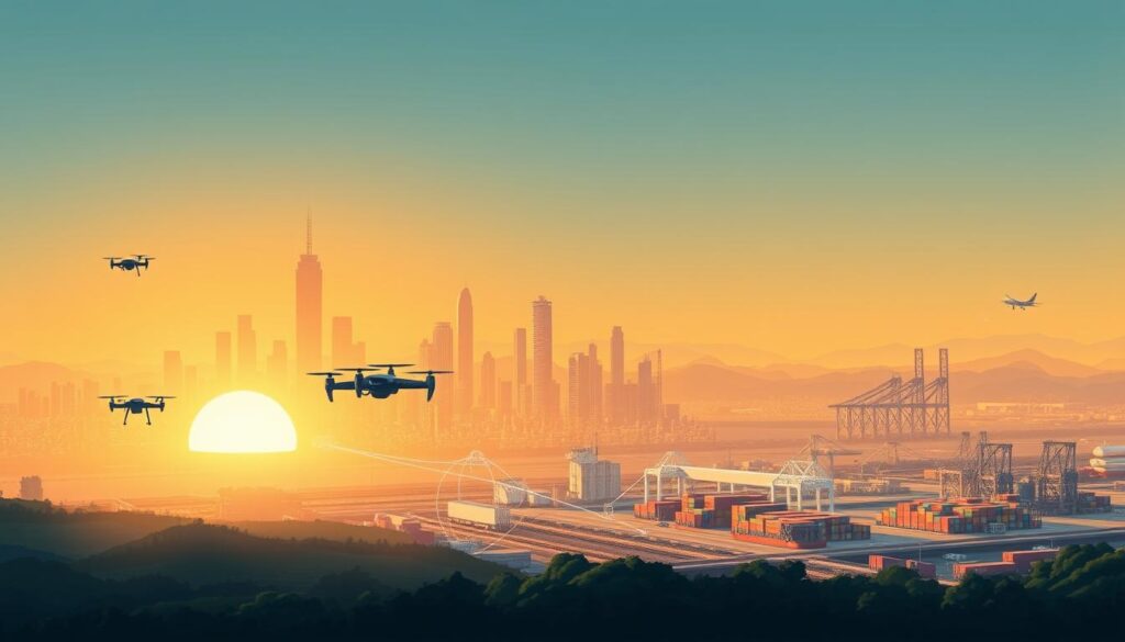 A futuristic city skyline with towering skyscrapers and sprawling industrial complexes, bathed in a warm, golden glow from the setting sun. In the foreground, a complex network of supply chain logistics - autonomous drones, self-driving trucks, and robotic warehouses, all seamlessly integrated and optimized by a centralized AI system, visualized as a glowing holographic interface. The middle ground features a bustling intermodal transportation hub, with cargo ships, trains, and planes all coordinating their movements in real-time. The background is a hazy, dreamlike vista of rolling hills and lush greenery, symbolizing the sustainable and environmentally-conscious nature of the AI-powered supply chain.