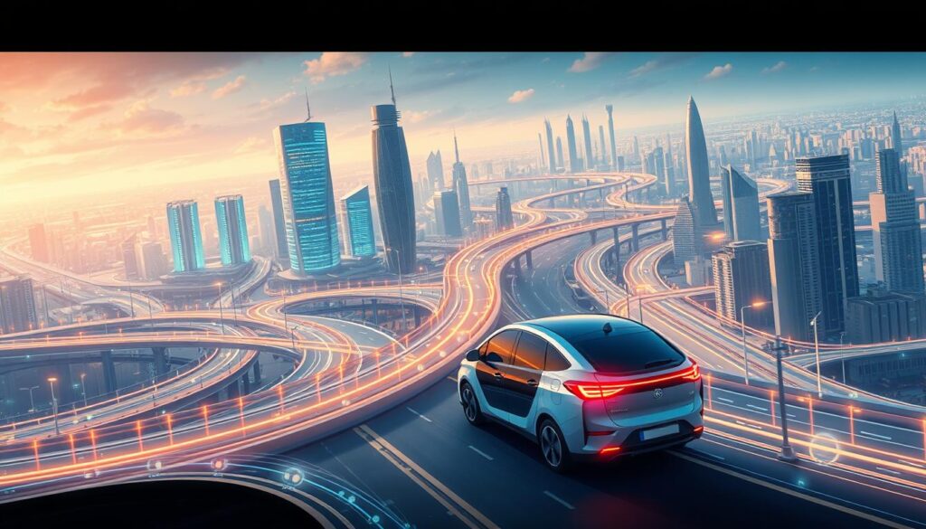 A futuristic cityscape with a complex network of data highways and transportation infrastructure. In the foreground, a sleek, autonomous vehicle navigates through a web of glowing data streams, processing real-time traffic and sensor data. In the middle ground, towering data centers and communication hubs emit a soft, pulsing light, symbolizing the flow of information that powers the transportation system. The background showcases a sprawling metropolis, with skyscrapers and infrastructure seamlessly integrated with advanced analytics and AI-driven logistics. The scene is illuminated by a warm, cinematic lighting, conveying the power and efficiency of big data-driven transportation in the modern age.