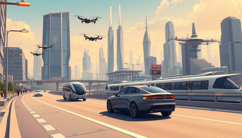 A futuristic cityscape with autonomous vehicles navigating intelligent transportation systems. In the foreground, a sleek self-driving car glides smoothly along a wide, well-lit boulevard, surrounded by hovering drones and maglev trains. The middle ground features a bustling intermodal hub, where passengers transfer seamlessly between modes of transport. In the background, towering skyscrapers adorned with advanced sensor arrays and smart infrastructure converge, creating a vibrant, technologically-advanced metropolis. Warm, diffused lighting casts a futuristic glow, while a sense of efficiency and connectivity pervades the scene.