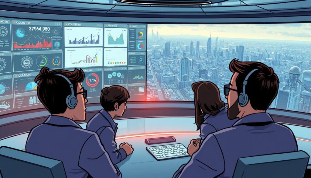 A futuristic control room with a large, curved display panel showcasing real-time data visualizations and monitoring dashboards. In the foreground, a team of analysts intently studying the metrics, their expressions focused and intent. Soft, ambient lighting illuminates the scene, casting a subtle glow on the polished surfaces. The background features a panoramic view of a sprawling city, hinting at the scale and complexity of the AI systems being monitored. The overall atmosphere conveys a sense of technological sophistication, precision, and the critical importance of maintaining the scalability and performance of these advanced AI systems.