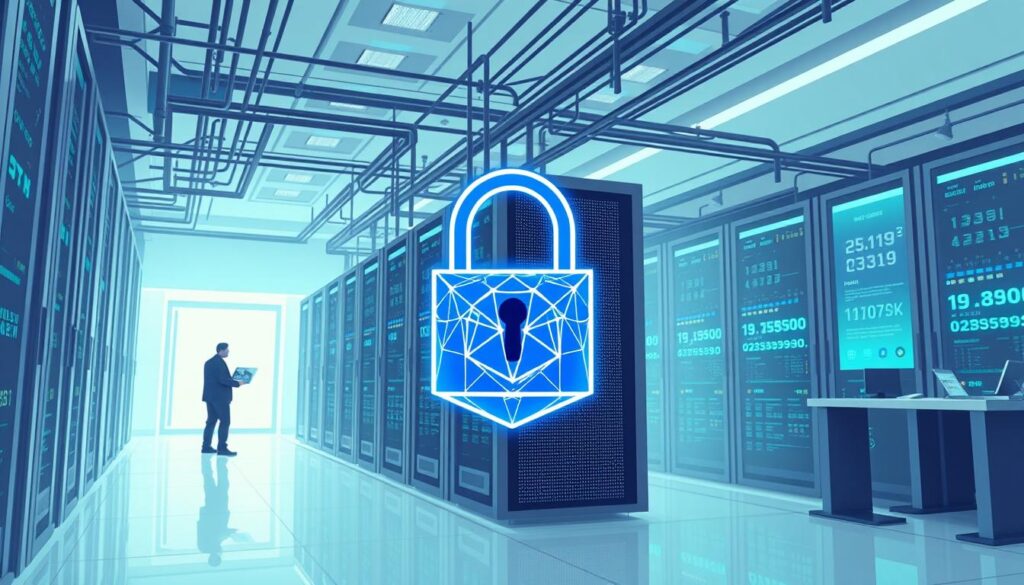 A futuristic data center, its servers bathed in a soft, blue-green glow. Intricate security protocols flicker across holographic displays, monitored by a team of experts in a sleek control room. Towering server racks stand sentinel, their cables webbing the space like a cyberpunk nervous system. In the foreground, a stylized padlock icon hovers, its geometric design pulsing with digital energy, symbolizing the ironclad security safeguarding the data within. The mood is one of technological sophistication and unwavering data protection, conveying the importance of robust cybersecurity in the age of big data.