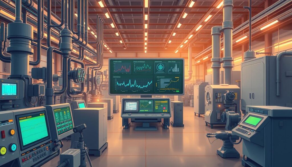 A futuristic industrial facility with advanced energy monitoring and control systems. In the foreground, an array of sensors and instruments meticulously track energy consumption and equipment performance. In the middle ground, a central control panel displays real-time analytics and predictive maintenance algorithms, optimizing energy use. The background features sleek, efficient machinery and a vast, high-ceilinged space illuminated by warm, indirect lighting. The overall atmosphere conveys a sense of technological sophistication and seamless integration between human operators and autonomous systems, working in harmony to achieve maximum energy efficiency.