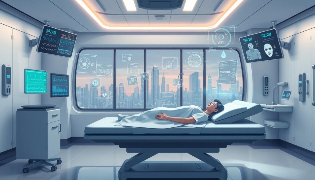 A futuristic medical clinic interior, with a patient lying comfortably on an examination table. In the foreground, a sleek AI-powered monitoring device displays vital signs and diagnostic data. Surrounding the patient, holographic interfaces and floating screens relay real-time analytics to a team of remote physicians. The lighting is soft and ambient, creating a soothing, high-tech atmosphere. In the background, a panoramic window reveals a cityscape, symbolizing the connectivity and accessibility of this advanced telemedicine system. The scene conveys the seamless integration of cutting-edge AI algorithms in delivering remote, personalized healthcare.