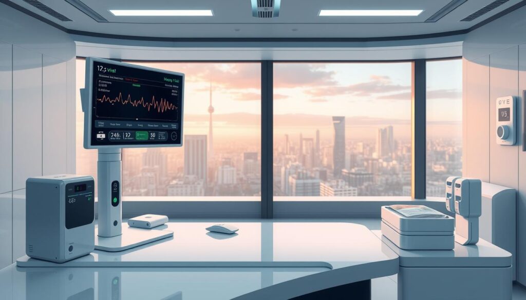 A futuristic medical monitoring station set in a sleek, modern healthcare facility. In the foreground, a high-resolution display showcases real-time vitals and medication adherence data. Holographic interfaces allow seamless remote management of patient prescriptions. The middle ground features an array of discreet sensors and smart dispensers, meticulously designed to unobtrusively integrate into the patient's home environment. In the background, a panoramic window overlooks a cityscape, conveying a sense of technological advancement in the service of personalized, compassionate care. Soft, indirect lighting creates a calming, clinical ambiance, while subtle reflections on the surfaces suggest the system's precision and reliability.