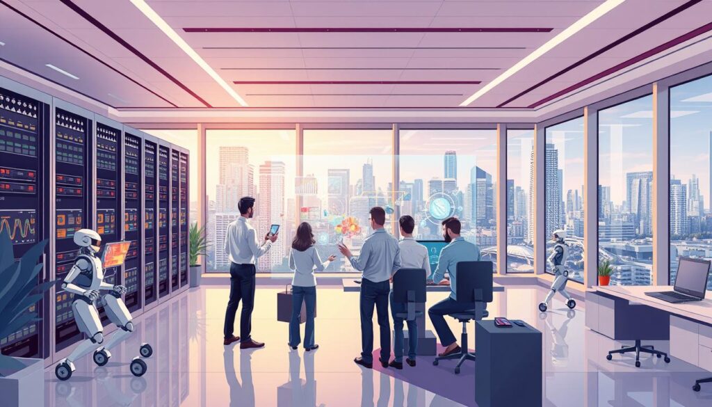A futuristic office scene showcasing the integration of artificial intelligence in business operations. In the foreground, a team of employees collaborates around a holographic display, analyzing dynamic data visualizations and algorithms. The middle ground features a networked server rack, pulsing with activity, while autonomous robotic assistants move efficiently through the space. In the background, large windows reveal a bustling cityscape, signifying the global reach and scale of the AI-powered enterprise. Soft, directional lighting casts a warm, productive atmosphere, complemented by minimalist, ergonomic furniture. The overall composition conveys the seamless fusion of human expertise and machine intelligence, driving optimization and innovation in the modern business landscape.