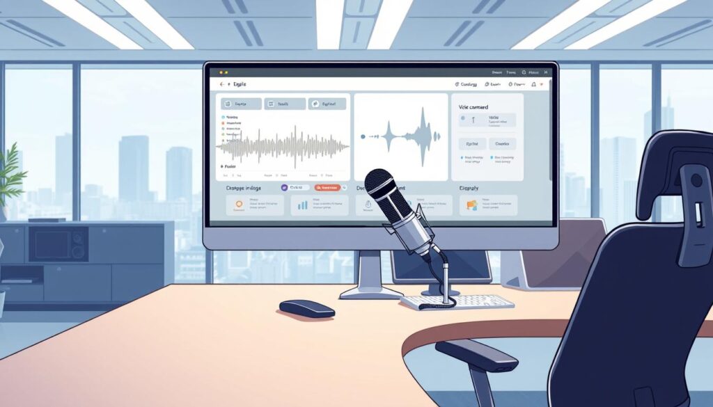 A futuristic office setting with a prominent voice recognition software interface taking up the foreground. The screen displays a sleek, minimalist dashboard with various audio waveforms and voice command prompts. The middle ground features a modern, ergonomic office desk with a high-end computer setup, including a state-of-the-art microphone and speakers. The background showcases a clean, well-lit workspace with large windows overlooking a cityscape. The overall atmosphere exudes a sense of technological sophistication and efficiency, conveying the power and potential of AI-driven speech recognition solutions.