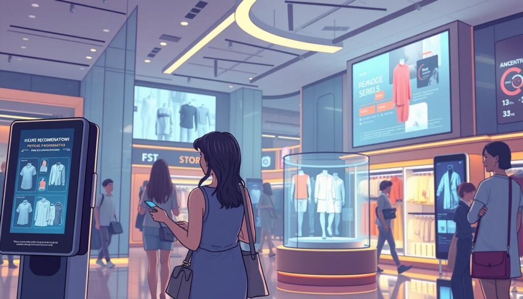 A futuristic retail space flooded with ambient lighting, shoppers interacting with holographic displays and AI-powered virtual assistants. In the foreground, a woman explores personalized product recommendations on a sleek touchscreen kiosk, her movements captured by discrete camera sensors. The middle ground features augmented reality mirrors showcasing dynamic garment visualizations, while the background is dominated by a large video wall streaming real-time inventory data and customer analytics. An atmosphere of seamless, technology-driven shopping experience pervades the scene, hinting at the transformative impact of AI on the future of commerce.