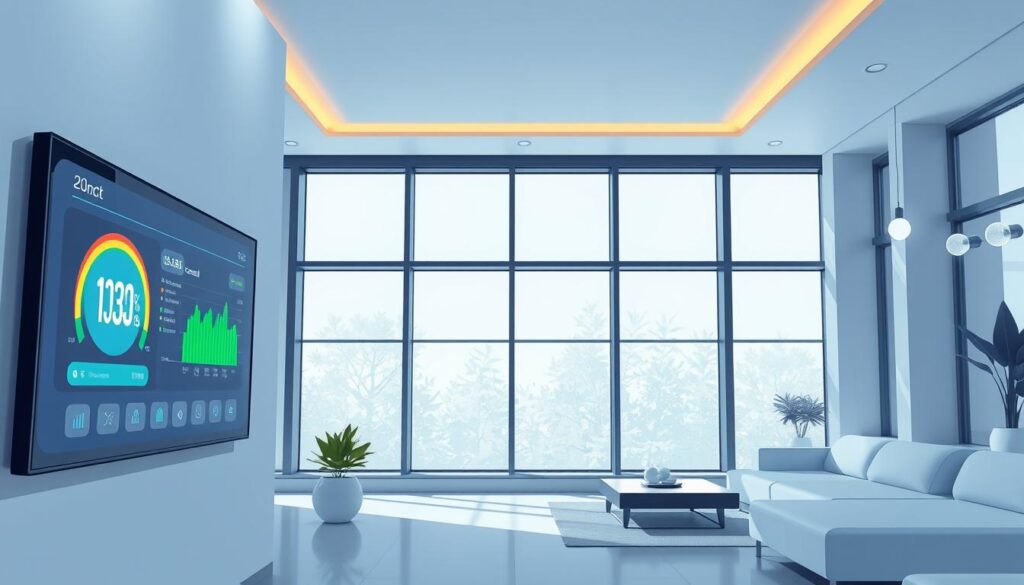 A futuristic smart home interior with sleek, minimalist decor. In the foreground, a wall-mounted touchscreen display showcases real-time energy usage data, color-coded to indicate efficiency. In the middle ground, an advanced climate control system adjusts temperature and lighting based on occupancy and energy conservation. The background features large windows flooding the space with natural light, complemented by discreet, energy-efficient smart bulbs. The overall atmosphere is one of modern, tech-savvy sophistication blended with a sense of environmental consciousness.