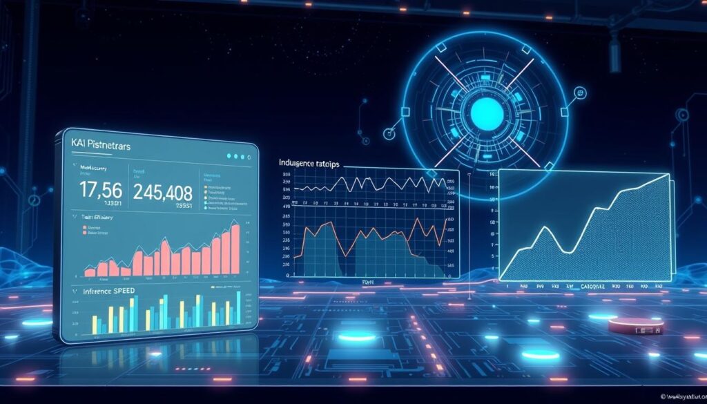 A futuristic, well-lit data visualization dashboard illuminating key performance indicators (KPIs) for an advanced AI system. In the foreground, a sleek, minimalist display showcases vital metrics such as model accuracy, training efficiency, and inference speed, all presented in a clean, color-coded interface. In the middle ground, intricate graphs and charts depict the complex relationships between these KPIs, allowing for in-depth analysis of the AI's optimization progress. The background features a serene, technological landscape, with glowing circuit boards and holographic projections, conveying a sense of innovation and forward-thinking. The overall mood is one of precision, insight, and the relentless pursuit of AI optimization.