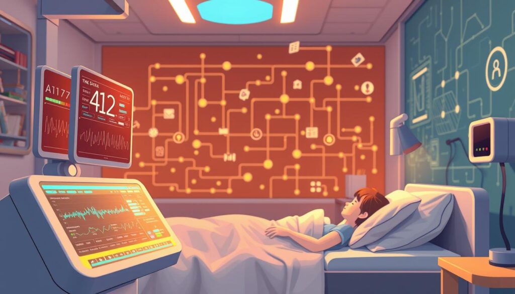 A gleaming medical monitoring station, its sleek display panels illuminated by warm ambient lighting. In the foreground, a state-of-the-art AI-powered device tracks vital signs, analyzing data streams with lightning speed. The middle ground features a serene patient resting comfortably, their health closely monitored from afar. In the background, a network of interconnected devices, sensors, and cloud infrastructure hum with activity, enabling seamless remote healthcare delivery. The overall scene conveys a sense of advanced technology, personalized care, and the future of telehealth.