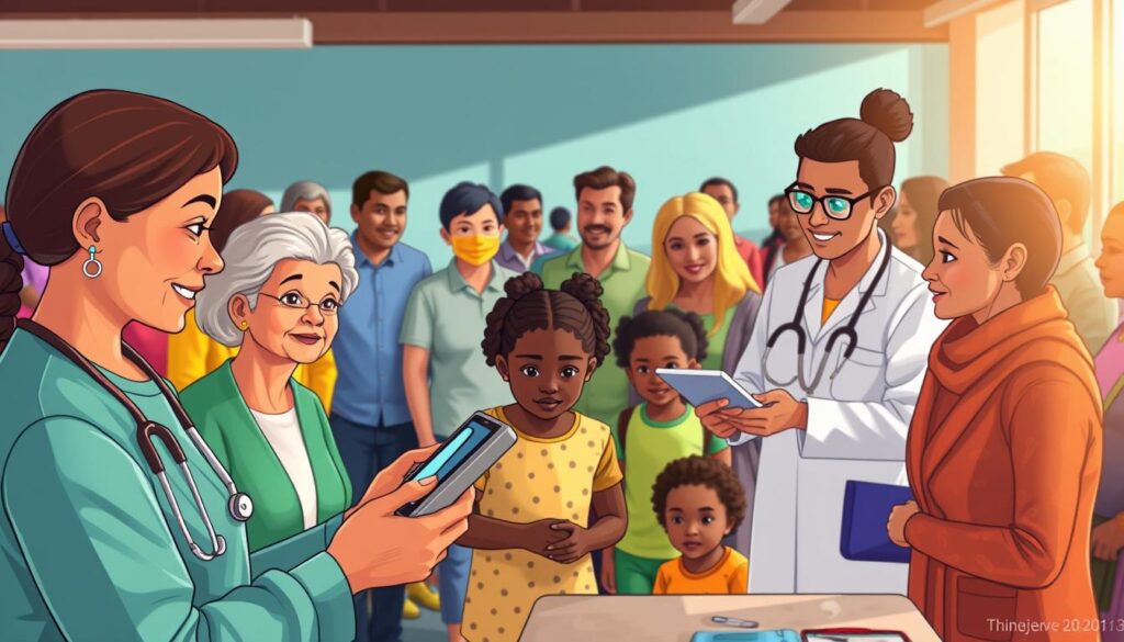 A group of diverse community members engaged in a telehealth outreach event. In the foreground, a healthcare worker demonstrates the use of a tablet device to an elderly person, explaining the telehealth service. In the middle ground, a family with young children interacts with another healthcare professional, who is guiding them through the telehealth setup process. In the background, an inclusive mix of people from different ages, ethnicities, and socioeconomic backgrounds are gathered, signifying the community-driven nature of the event. The lighting is warm and inviting, creating a welcoming atmosphere. The camera angle is slightly elevated, capturing the collaborative and interactive nature of the outreach program.