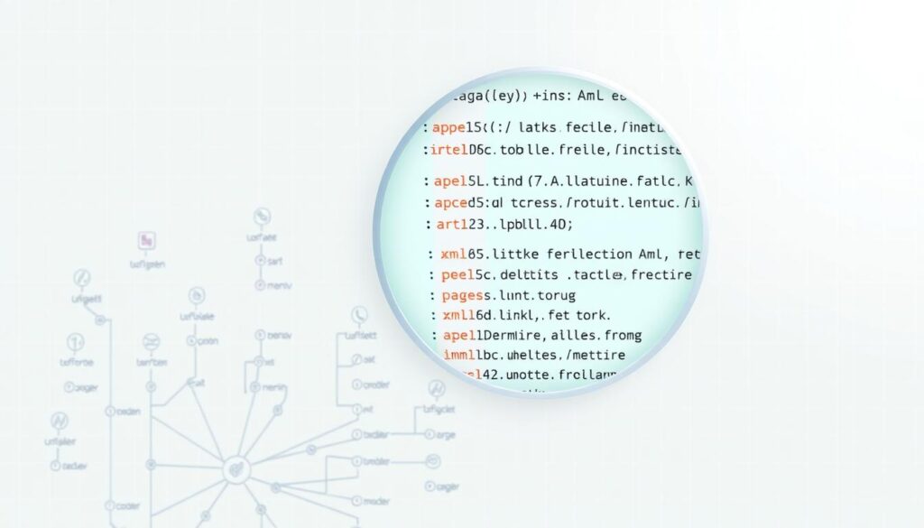 A high-resolution, detailed diagram of an XML sitemap. The foreground depicts a clean, structured network of interconnected pages and links, representing the hierarchical organization of a website. The middle ground showcases a magnified view of the XML code, its nested tags and attributes, conveying the technical underpinnings of the sitemap. The background features a subtle grid pattern, evoking the grid-based layout and structure inherent in XML. The lighting is soft and diffused, creating a sense of depth and emphasizing the technical, yet visually appealing, nature of the sitemap. The overall mood is one of clarity, organization, and the efficient communication of complex website architecture.