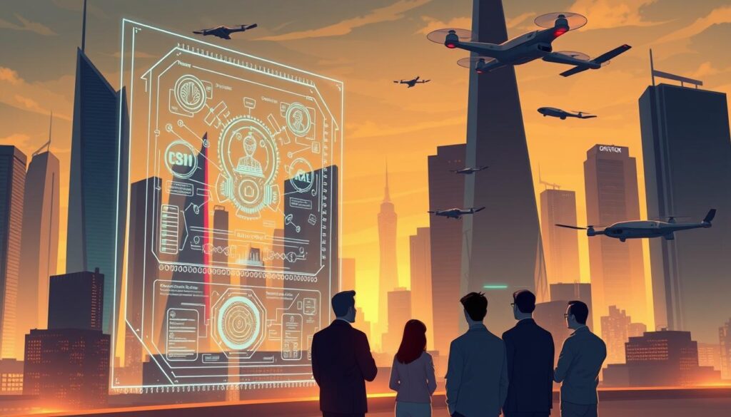 A high-tech city skyline bathed in a warm, futuristic glow, with towering skyscrapers and sleek, angular architecture. In the foreground, a holographic display projects intricate data visualizations and regulatory frameworks, symbolizing the complex governance systems required to oversee the rapid advancements of artificial intelligence. In the middle ground, a group of policymakers, technologists, and ethicists engage in a thoughtful discussion, their faces illuminated by the soft, ambient lighting. The background is filled with a sense of technological progress, with autonomous vehicles and drones seamlessly navigating the urban landscape. The overall atmosphere conveys a balance between innovation and responsible regulation, as humanity navigates the challenges and opportunities presented by the future of AI.