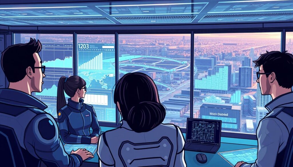 A high-tech control center with holographic displays showcasing real-time data visualizations on supply chain operations. In the foreground, a team of analysts in futuristic attire intently studying the dynamic graphs and charts, their expressions focused as they make insights. The middle ground reveals a vast, interconnected network of logistics hubs, transportation routes, and inventory levels, all updated in real-time. The background is a sleek, minimalist environment with large windows offering a panoramic view of a bustling metropolitan skyline. Soft, ambient lighting casts a warm glow, complementing the cool, high-tech aesthetic. The overall scene conveys a sense of efficiency, data-driven decision making, and the power of AI-enhanced supply chain optimization.