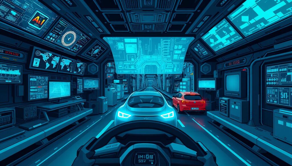 A high-tech control room with multiple digital displays, holographic interfaces, and sleek, futuristic equipment. In the foreground, an AI-powered autonomous vehicle navigates a complex urban environment, its sensors and algorithms constantly processing real-time data to make split-second decisions. The room is bathed in a cool, blue-tinted lighting, creating a tense, focused atmosphere. The camera angle is slightly elevated, giving a bird's-eye view of the scene, emphasizing the scale and complexity of the decision-making process. The overall impression is one of cutting-edge technology, precision, and the seamless integration of AI systems into the autonomous driving experience. A high-tech control room with multiple digital displays, holographic interfaces, and sleek, futuristic equipment. In the foreground, an AI-powered autonomous vehicle navigates a complex urban environment, its sensors and algorithms constantly processing real-time data to make split-second decisions. The room is bathed in a cool, blue-tinted lighting, creating a tense, focused atmosphere. The camera angle is slightly elevated, giving a bird's-eye view of the scene, emphasizing the scale and complexity of the decision-making process. The overall impression is one of cutting-edge technology, precision, and the seamless integration of AI systems into the autonomous driving experience.