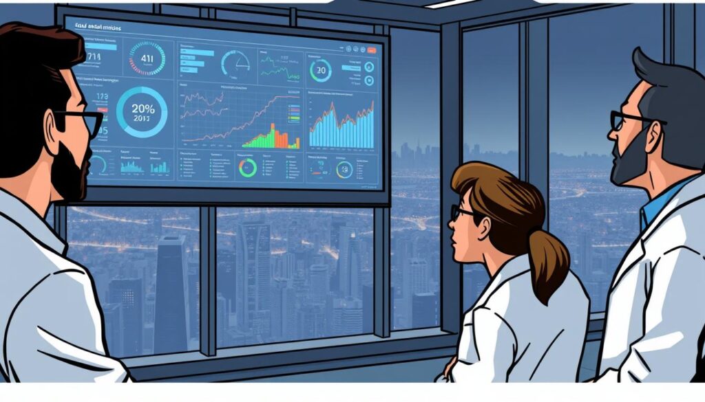 A high-tech corporate office in the foreground, with a large wall-mounted screen displaying a complex data visualization dashboard. In the middle ground, two data scientists in lab coats scrutinize the dashboard, expressions pensive as they consider the implications of the AI-generated risk assessment. In the background, a sprawling cityscape visible through floor-to-ceiling windows, hinting at the scale and impact of the challenges they face. Muted lighting casts an aura of seriousness and gravity, underscoring the weight of their decisions. The scene conveys the delicate balance of leveraging AI's analytical power while grappling with the risks and ethical considerations of data privacy in risk assessment.