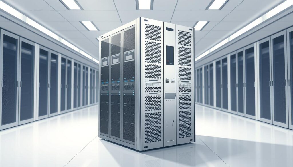 A large server rack standing in a brightly lit, modern data center. Sleek and silver, the rack is adorned with blinking lights and cooling fans, conveying the power and capability of a public cloud infrastructure. The background is a minimalist, pristine white, with subtle shadows and highlights that create depth and dimensionality. The overall atmosphere is one of technological sophistication, efficiency, and the reliable, scalable computing power of a leading public cloud provider.
