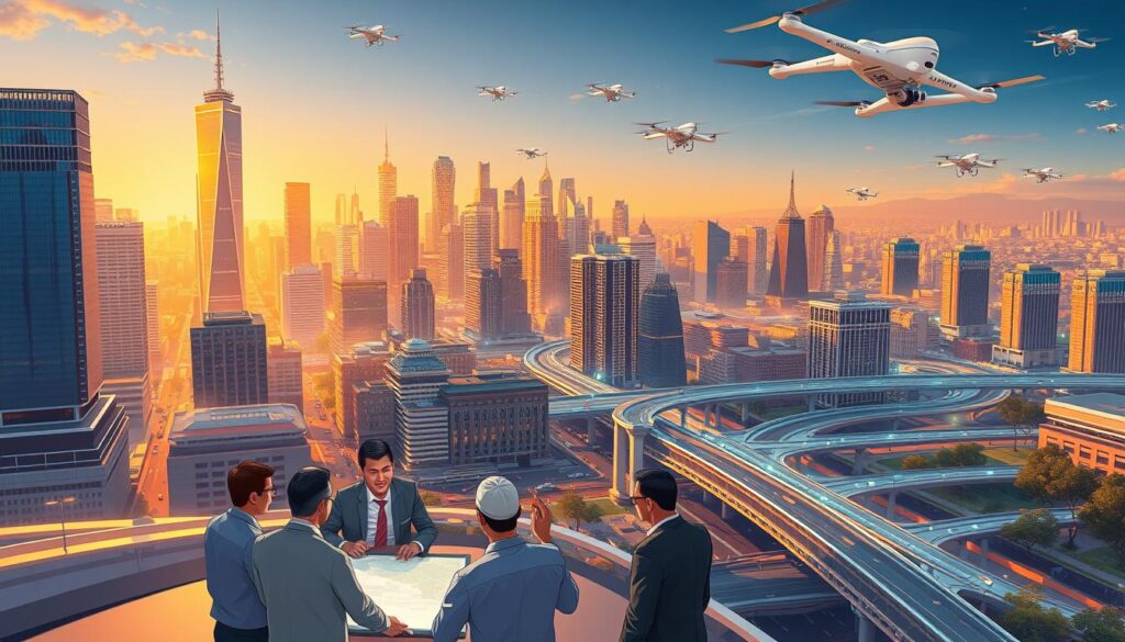 A majestic city skyline, its gleaming skyscrapers and bustling streets illuminated by a warm, golden glow. In the foreground, a group of government officials and city planners gathered around a holographic display, discussing plans for integrating AI technology into urban infrastructure. The mid-ground features a network of sensors and connected devices, seamlessly integrated into the cityscape, while the background showcases a futuristic transportation system, with autonomous vehicles and hovering drones navigating the airspace. The scene radiates a sense of progress, collaboration, and a shared vision for a smart, sustainable, and efficient city of the future.