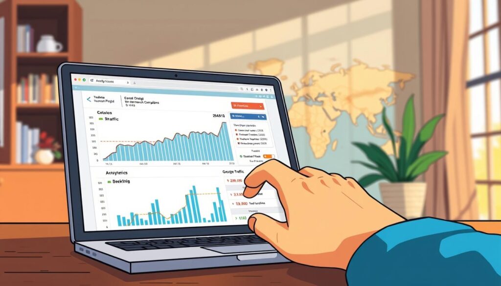 A meticulously crafted image of "backlink acquisition" for the article section "Measuring the Success of Your Outreach". In the foreground, a laptop screen displays analytics data on website traffic and backlink growth. A hand hovers over the mouse, symbolizing the ongoing process of monitoring and optimizing outreach efforts. In the middle ground, a world map backdrop suggests the global reach of the outreach campaign. Warm, natural lighting filters through a window, creating a contemplative atmosphere. The overall mood is one of focused, data-driven decision making, reflecting the importance of measuring the success of link building outreach strategies.