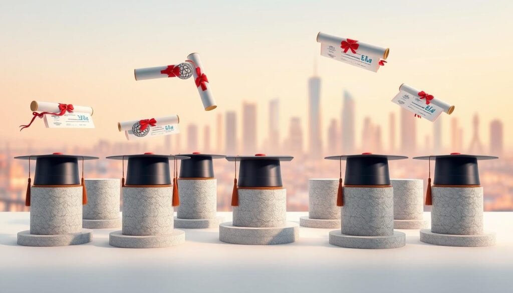 A meticulously rendered 3D illustration showcasing a diverse array of academic degrees related to artificial intelligence. In the foreground, a collection of diploma scrolls, each emblazoned with iconic AI symbols like neural networks, algorithms, and data visualizations, levitate against a clean, minimalist backdrop. In the middle ground, a series of textured, geometric pedestals support academic regalia such as mortarboards, tassels, and honor cords, creating a sense of academic prestige and achievement. The background features a soft, blurred cityscape, with towering skyscrapers and a vibrant, futuristic skyline, hinting at the real-world applications and impact of these advanced AI degrees. The lighting is crisp, directional, and evocative, casting dramatic shadows and highlights to emphasize the subject's depth and dimensionality.