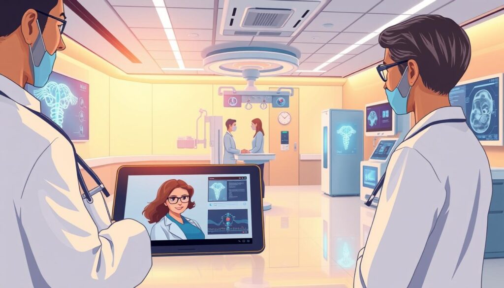 A modern medical clinic interior, bathed in warm lighting. In the foreground, a doctor conducts a virtual consultation with a patient on a tablet, their faces displayed on the screen. In the middle ground, a nurse monitors a patient's vital signs on a remote health monitoring station. The background showcases advanced medical imaging technology, with holographic displays and sleek, futuristic equipment. The atmosphere conveys a sense of efficiency, connectivity, and the seamless integration of technology into healthcare delivery, bridging geographic and socioeconomic gaps.