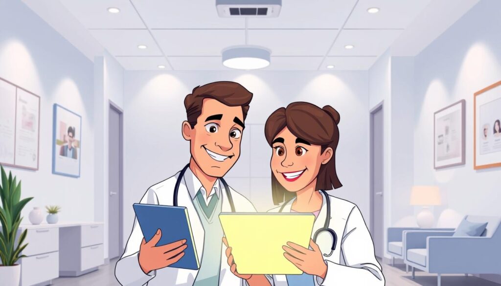 A modern medical office with soothing lighting, crisp white walls, and sleek, minimalist furnishings. In the foreground, a patient and a healthcare provider engage in a video conference, their faces illuminated by the glow of a tablet screen. The provider's expression is warm and attentive, while the patient's body language conveys a sense of comfort and trust. In the background, a discreet language interpretation service icon is displayed, indicating the availability of remote interpretation support for diverse language needs. The overall scene exudes a sense of professionalism, empathy, and technological integration, capturing the essence of a seamless telehealth experience.