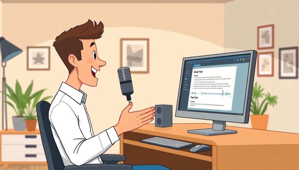 A modern office setting with a person sitting at a desk, using a computer and speaking into a high-quality microphone. The room is well-lit, with a warm, inviting atmosphere. The computer screen displays a speech recognition software interface, showing audio waveforms and text transcription in real-time. The person's hands are gesturing naturally, emphasizing their speech. The background features minimalist decor, with a few potted plants and framed art pieces, creating a clean and professional environment. The overall scene conveys the efficiency, productivity, and convenience of using computer speech recognition technology.