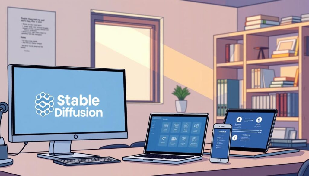 A modern office workspace with various digital devices and platforms used by prompt engineers. In the foreground, a high-resolution display shows the Stable Diffusion logo, representing the cutting-edge text-to-image AI model. On the desk, a laptop, tablet, and smartphone are open, displaying popular prompt engineering tools like Hugging Face, Colab, and GitHub. Soft, directional lighting from a window casts a warm glow, creating a productive, tech-savvy atmosphere. In the background, shelves hold technical books and engineering reference materials. The scene conveys the dynamic, tech-driven nature of prompt engineering as a profession.
