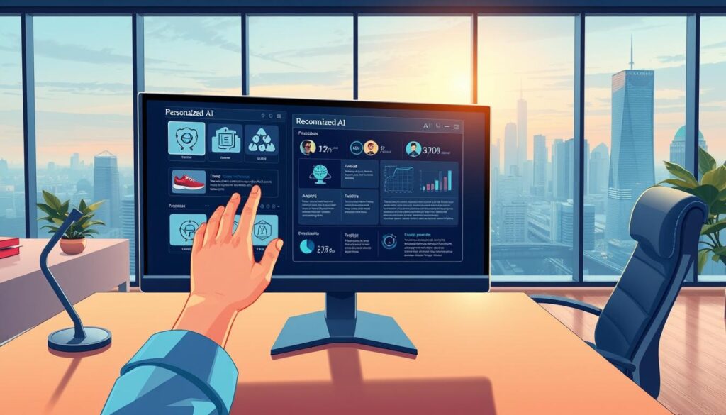 A modern, sleek office setting with a large desk, a comfortable chair, and a high-resolution computer monitor displaying personalized AI-generated recommendations. The foreground features a human hand interacting with the touchscreen, exploring various product categories and customized suggestions. The middle ground showcases data visualizations, analytics, and machine learning models running in the background, providing insights into user preferences and behavior. The background depicts a panoramic city skyline, hinting at the global scale and interconnectivity of the AI-powered recommendation system. Soft, warm lighting illuminates the scene, creating a professional and innovative atmosphere. The entire composition emphasizes the seamless integration of personalized AI into the user's workflow, reflecting the successful implementation of such technology.