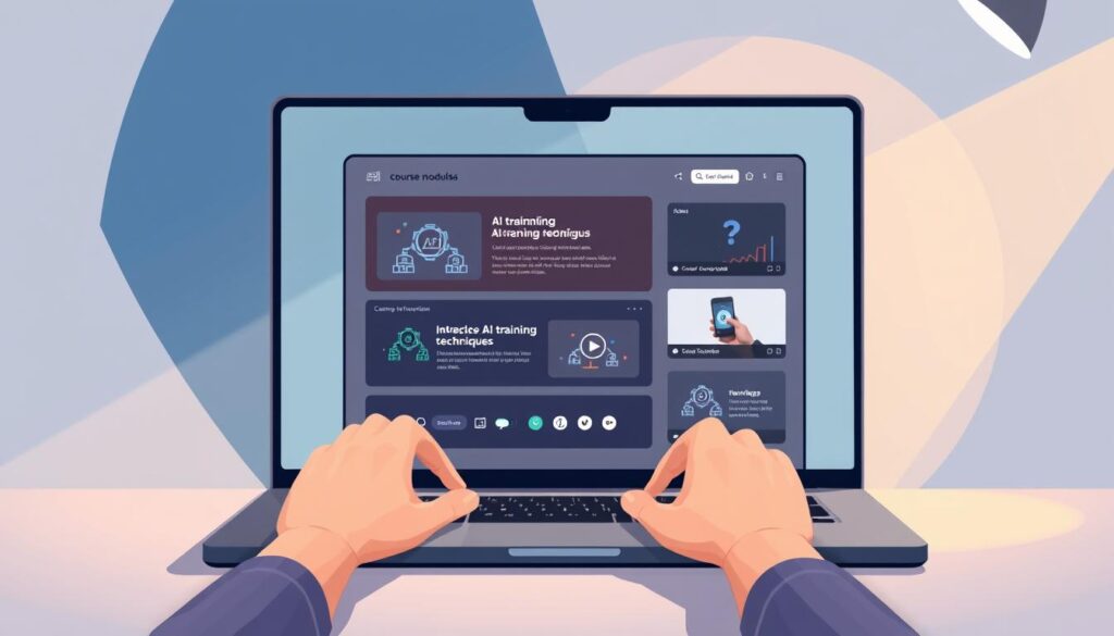 A modern, sleek online learning platform with a clean, minimalist interface. A laptop or desktop computer dominates the center, displaying interactive course modules and instructional videos on AI training techniques. In the foreground, a user's hands interact with the touchscreen, navigating through the lessons. The background features abstract, geometric shapes in muted shades of blue and gray, creating a sense of technological sophistication. Warm, directional lighting illuminates the scene, casting subtle shadows and highlighting the user's focused expression. The overall atmosphere conveys a sense of immersive, self-paced AI education in a digitally-driven, progressive environment.