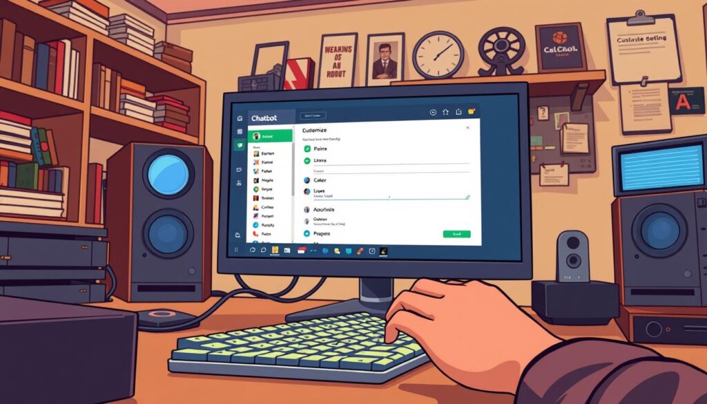 A modern software development workstation with a large monitor displaying a chatbot interface, showcasing the customization and configuration options. In the foreground, a developer's hands are typing on a mechanical keyboard, their focus intent on the screen. The scene is bathed in a warm, soft lighting that creates a cozy, productive atmosphere. The background features shelves of programming books and memorabilia, suggesting a well-equipped, professional environment dedicated to custom chatbot development. The overall impression conveys the idea of a tailored, thoughtful approach to building a unique chatbot solution.